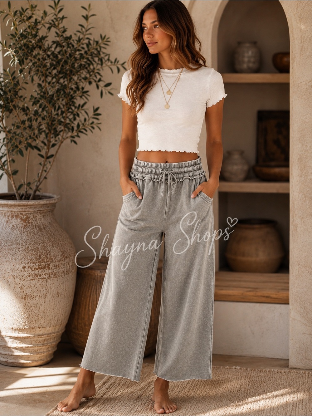 Zenana Mineral Wash Wide Leg Pants + Lettuce Trim Crop Top Set – Small